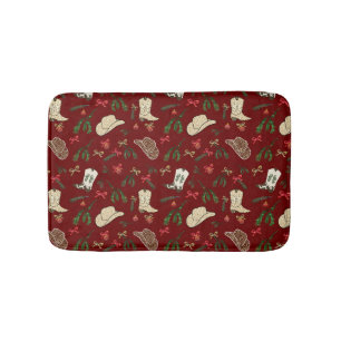 Festive Holiday Cowboy Rodeo Pattern Red Bath Mat
