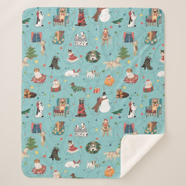 Festive Holiday Dogs in Christmas Sweaters Pattern Sherpa Blanket (Front)