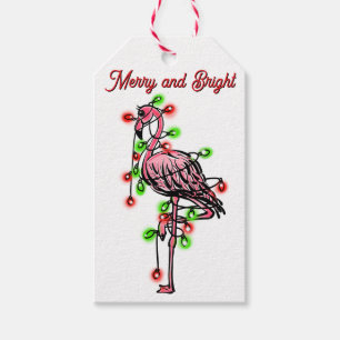 Festive holiday Flamingo red green Xmas lights Gift Tags