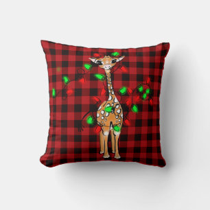 Festive Holiday Giraff,twinkle light buffalo plaid Throw Pillow