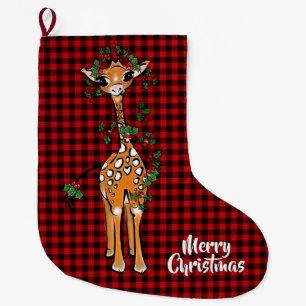 Festive Holiday Giraffe, garland,  buffalo plaid Large Christmas Stocking