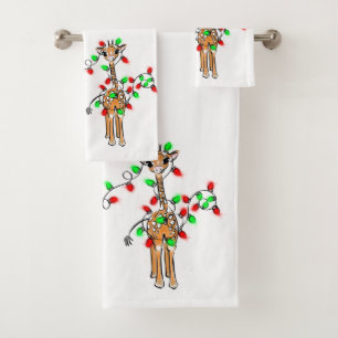 Festive holiday giraffe, red green twinkle lights bath towel set