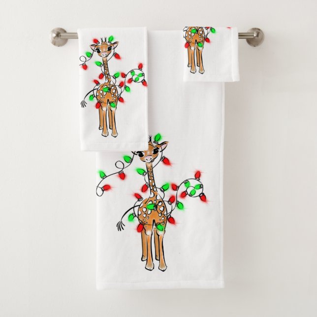 Festive holiday giraffe, red green twinkle lights  bath towel set (Insitu)