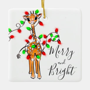 Festive holiday giraffe, red green twinkle lights  ceramic ornament