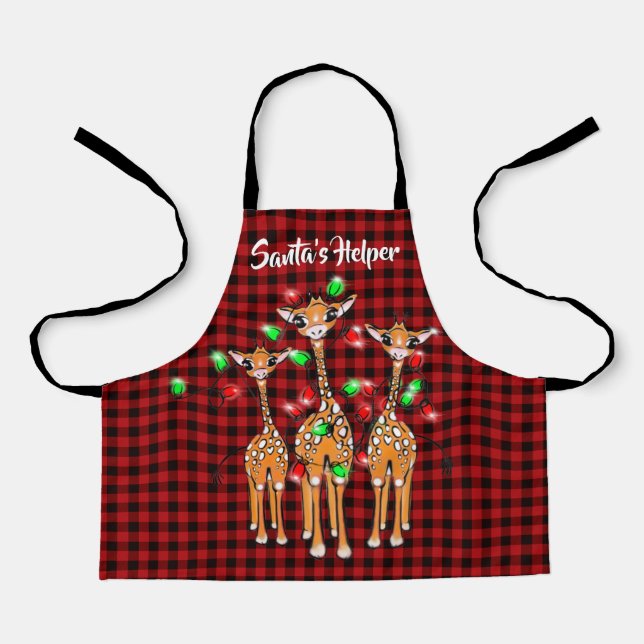 Festive Holiday Giraffe, twinkle light, red plaid Apron (Front)