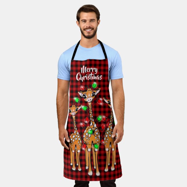 Festive Holiday Giraffe, twinkle light, red plaid Apron (Worn)