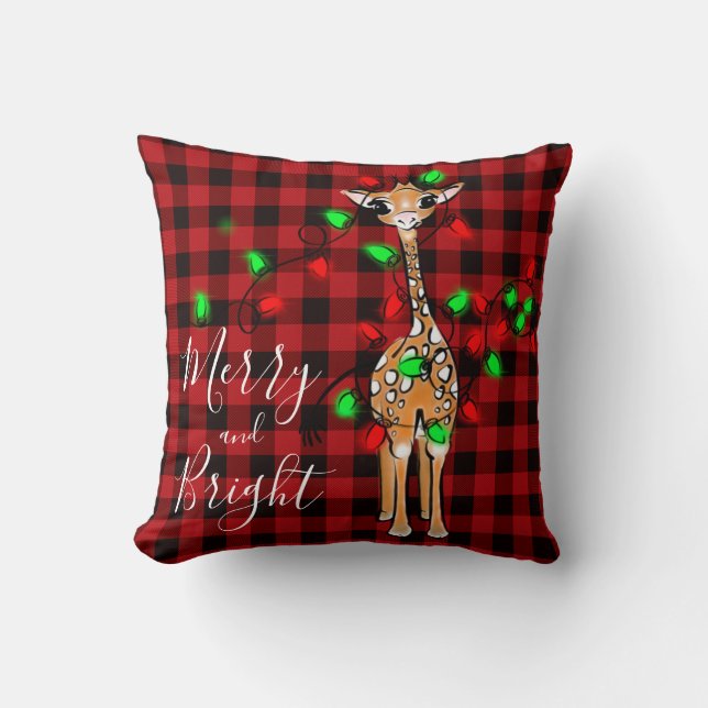Festive Holiday Giraffe,  twinkle light, red plaid Throw Pillow (Front)