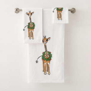 Festive Holiday Giraffe with Holly Wreath Bath Towel Set