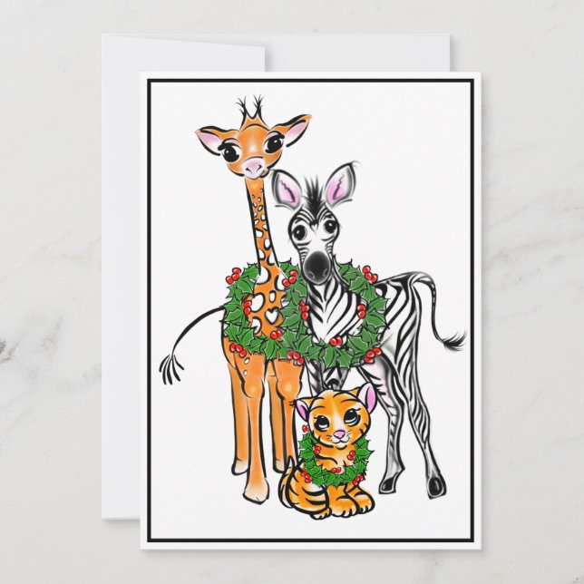 Festive Holiday Giraffe, Zebra, Tiger Card (Front)