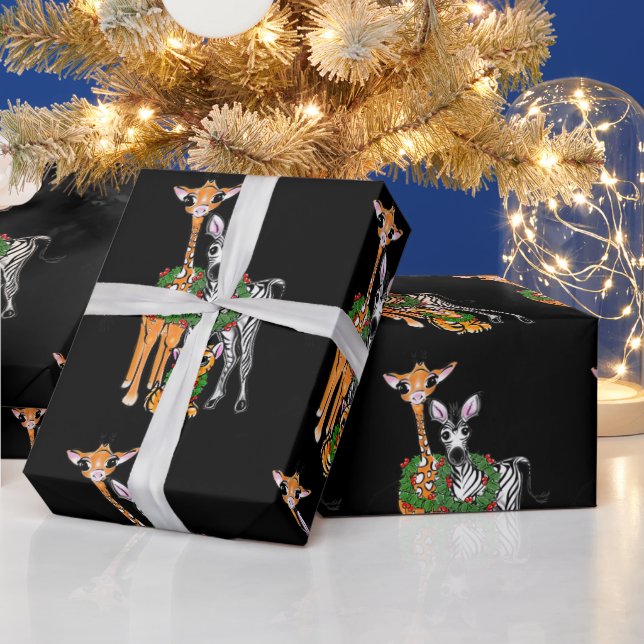 Festive Holiday Giraffe, Zebra, Tiger  Wrapping Pa Wrapping Paper (Holidays)