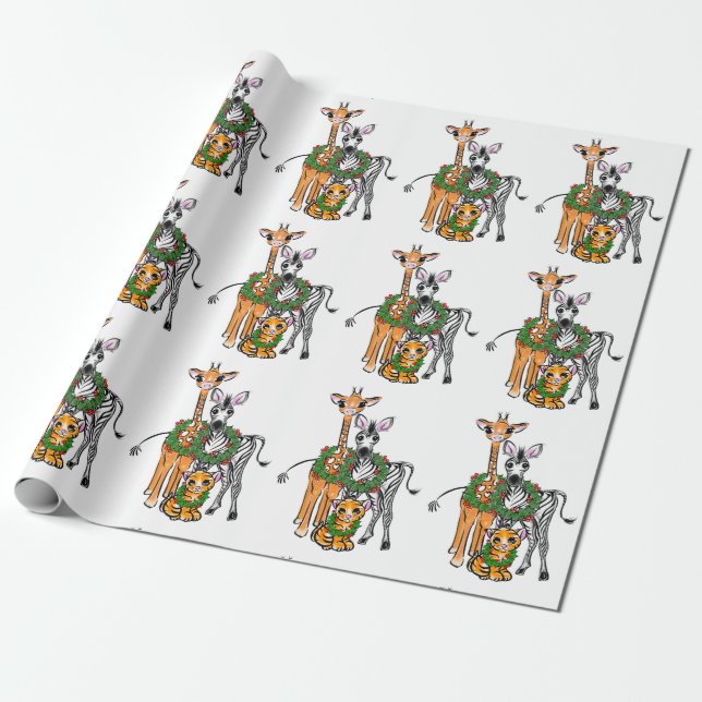 Festive Holiday Giraffe, Zebra, Tiger  Wrapping Paper (Unrolled)
