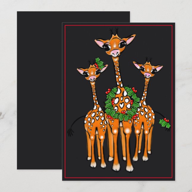 Festive Holiday Giraffes, Holly wreath, Cheers Card (Front/Back)