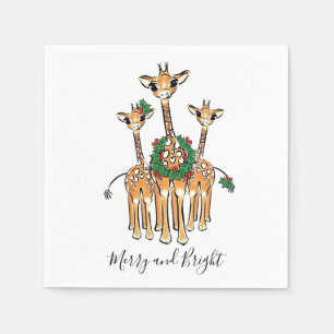 Festive Holiday Giraffes with Holly wreath Napkin