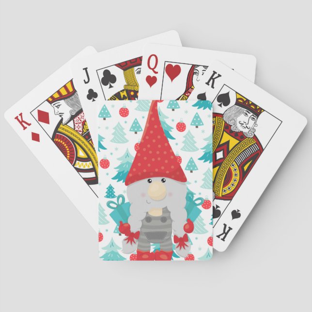 Festive Holiday Gnome with Gifts Playing Cards (Back)