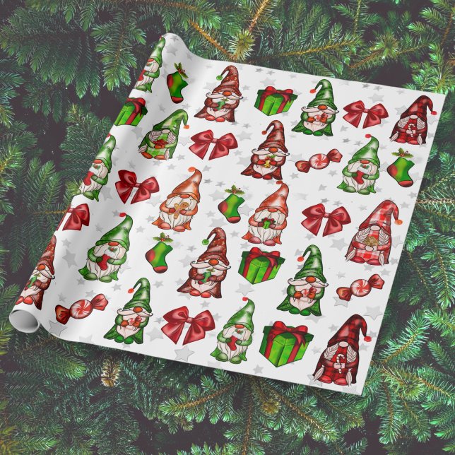 Festive Holiday Gnomes Silver Stars Wrapping Paper (Creator Uploaded)