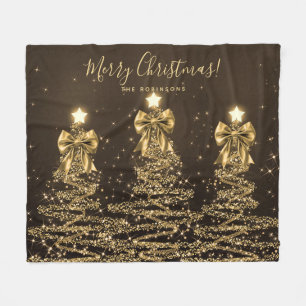 Festive Holiday Gold Christmas Trees w/ Bows Fleece Blanket