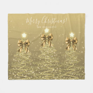 Festive Holiday Gold Christmas Trees w/ Bows Fleece Blanket