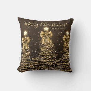 Festive Holiday Gold Christmas Trees w/ Name Throw Pillow