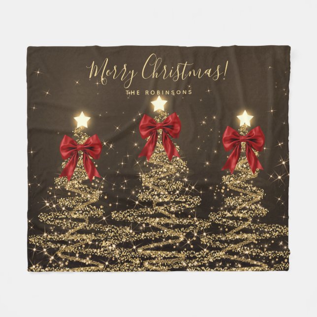 Festive Holiday Gold Christmas Trees w/ Red Bows Fleece Blanket (Front (Horizontal))