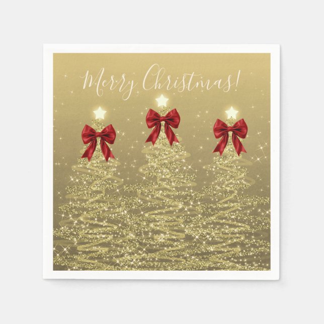 Festive Holiday Gold Christmas Trees w/ Red Bows Napkin (Front)