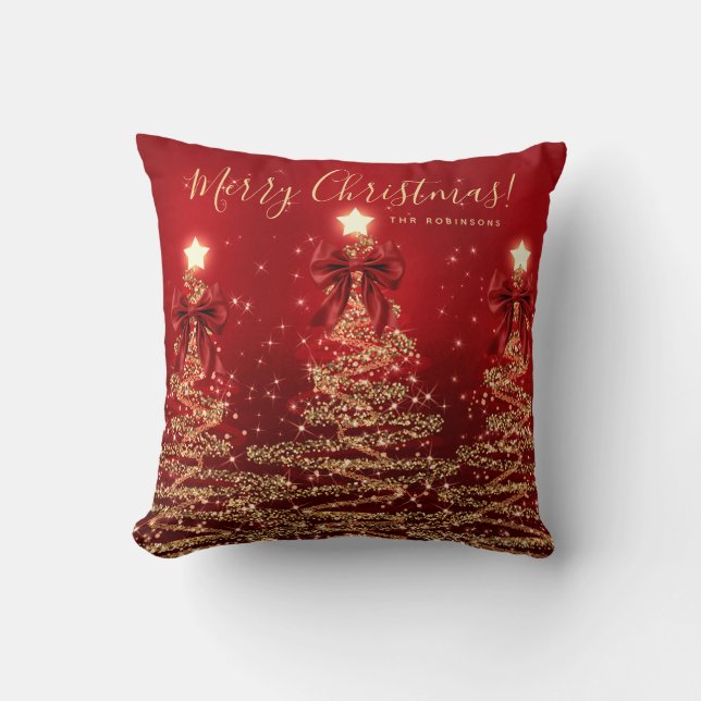 Festive Holiday Gold Red Christmas Trees w/ Name Throw Pillow (Front)