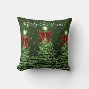 Festive Holiday Green Christmas Trees Name Red Throw Pillow