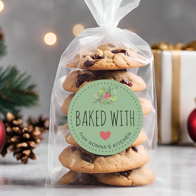 Festive Holiday Greenery Baked With Love Classic Round Sticker (Festive Holiday Greenery Baked With Love Classic Round Sticker)