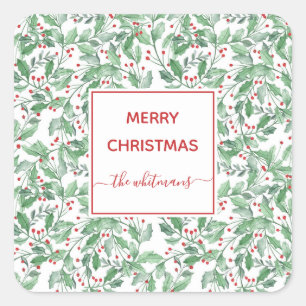 Festive Holiday Greenery Personalized Christmas Square Sticker
