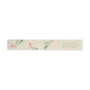 Festive Holiday Greenery Red Berries Gold Confetti Wrap Around Label