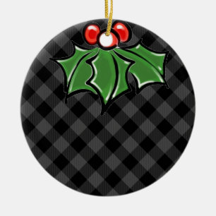Festive holiday grey Plaid Holly berries leaves Ceramic Ornament