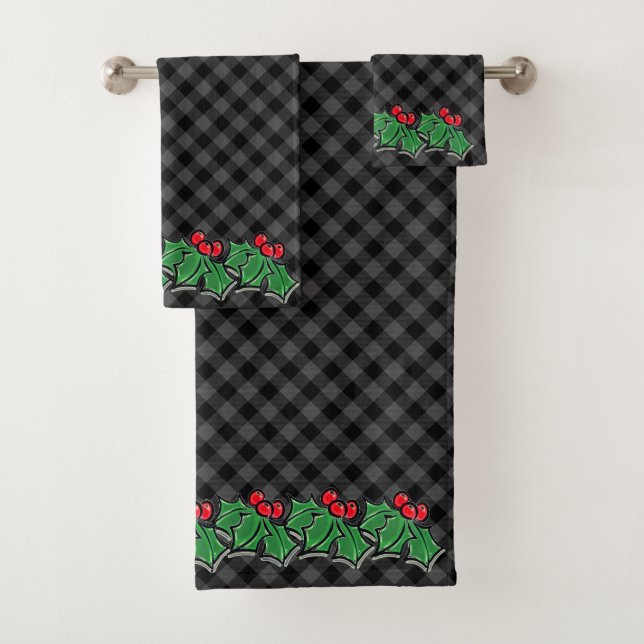 Festive Holiday Grey Plaid with Holly Sprigs Bath Towel Set (Insitu)