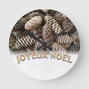 Festive Holiday Joyeux Noel Pine Cone Round Clock