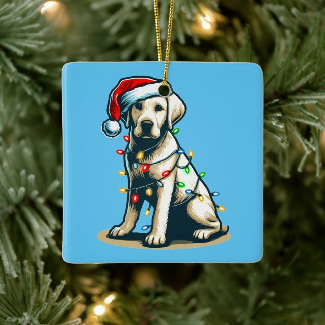 Festive Holiday Labrador Dog with Christmas Light Ceramic Ornament (Tree)