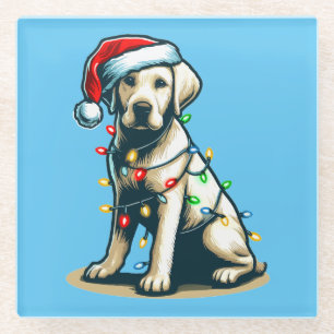 Festive Holiday Labrador Dog with Christmas Light Glass Coaster