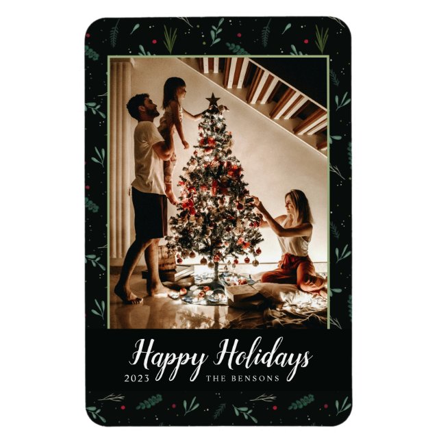 Festive Holiday Leaves Berries Photo Magnet (Vertical)