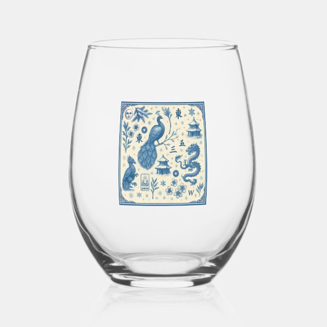 Festive Holiday Mahjong Toile Wine Glass (Front)