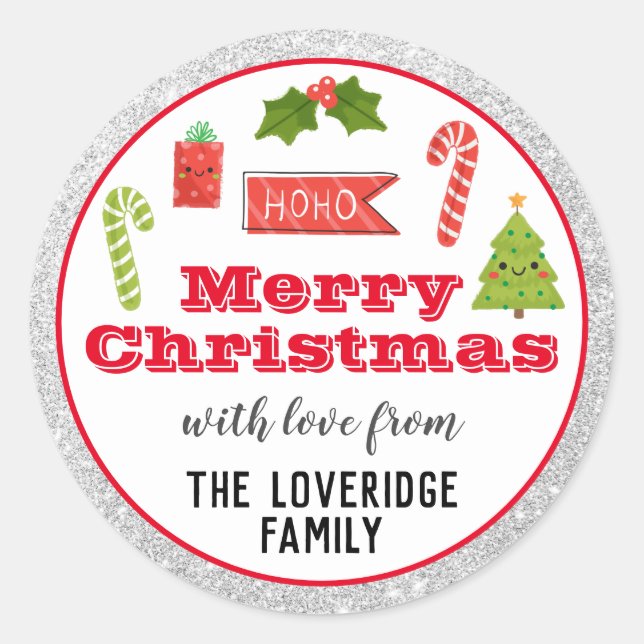 Festive Holiday Merry Christmas Red Silver Glitter Classic Round Sticker (Front)