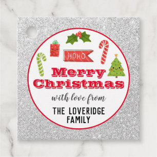 Festive Holiday Merry Christmas Red Silver Glitter Favour Tags