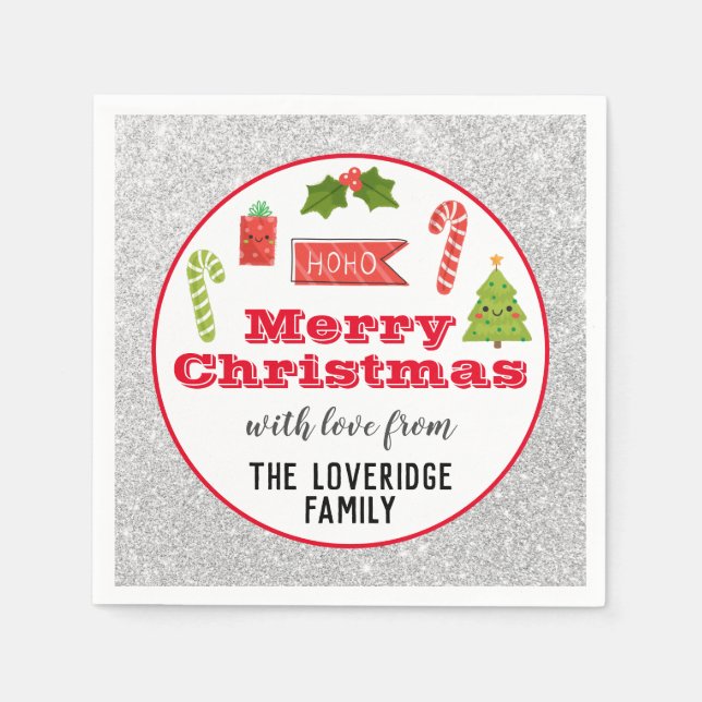 Festive Holiday Merry Christmas Red Silver Glitter Napkin (Front)