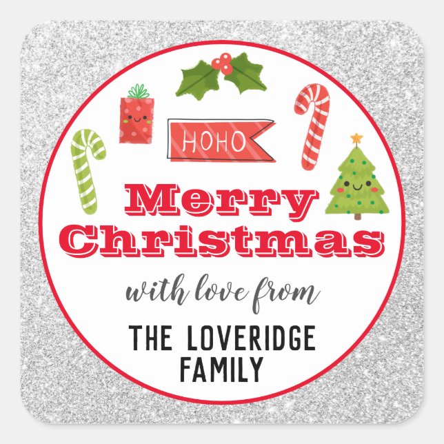 Festive Holiday Merry Christmas Red Silver Glitter Square Sticker (Front)