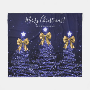 Festive Holiday Navy Christmas Trees Bows Gold  Fleece Blanket