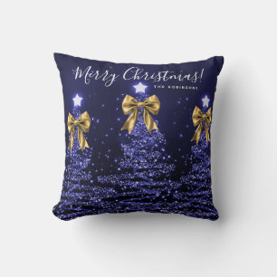 Festive Holiday Navy Christmas Trees Name Gold Throw Pillow