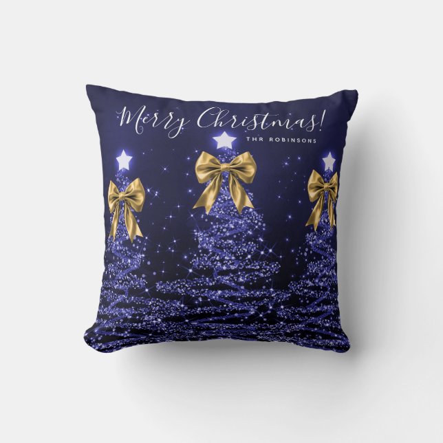 Festive Holiday Navy Christmas Trees Name Gold  Throw Pillow (Front)
