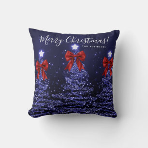 Festive Holiday Navy Christmas Trees Name Red Throw Pillow
