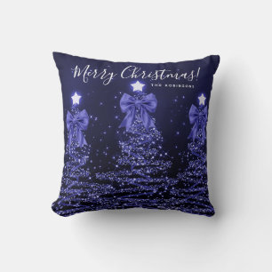 Festive Holiday Navy Christmas Trees Name Throw Pillow