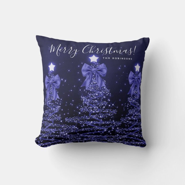 Festive Holiday Navy Christmas Trees Name  Throw Pillow (Front)