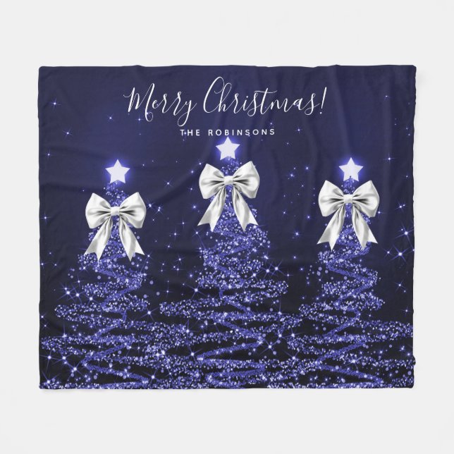Festive Holiday Navy Christmas Trees Silver Bows Fleece Blanket (Front (Horizontal))
