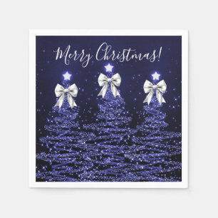 Festive Holiday Navy Christmas Trees Silver Bows Napkin