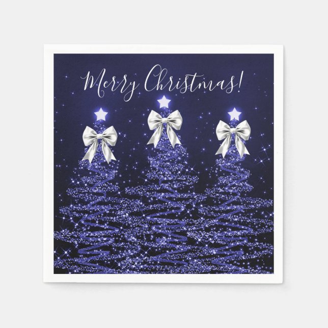 Festive Holiday Navy Christmas Trees Silver Bows Napkin (Front)