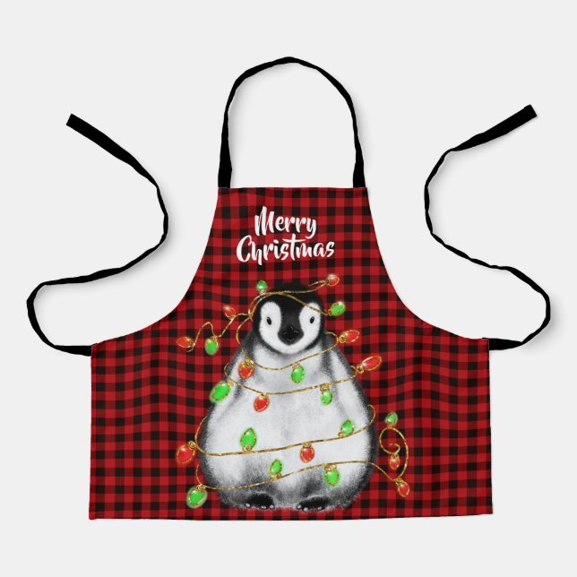 Festive Holiday Penguin, twinkle lights, red plaid Apron (Front)